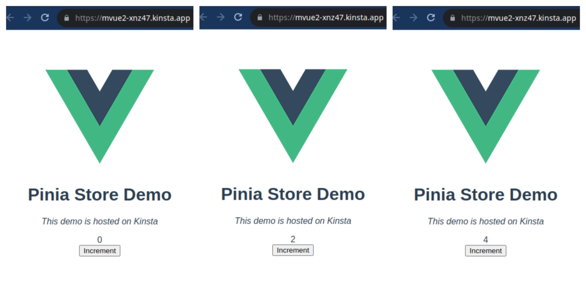 Screenshot van de Pinia Store Demo landingspagina in verschillende stappen: 0, 2 en 4.