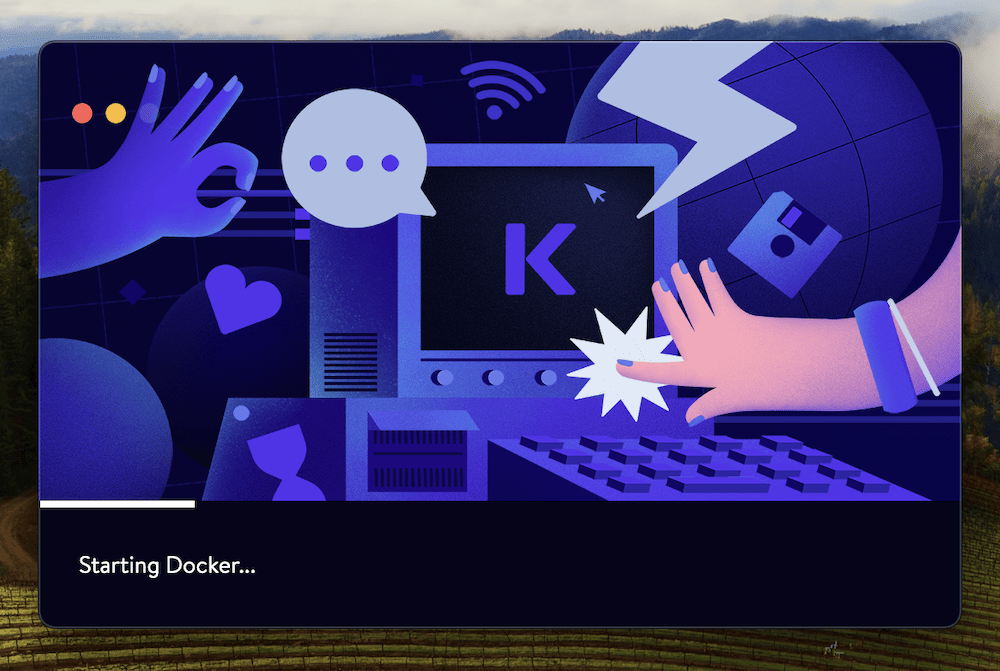 DevKinstaアプリケーションの起動画面に、大きな「K」のロゴ、手のイラスト、チャットアイコンが表示されている。テキストには「Starting Docker...」とあり、ローカル開発環境の初期化を示している。