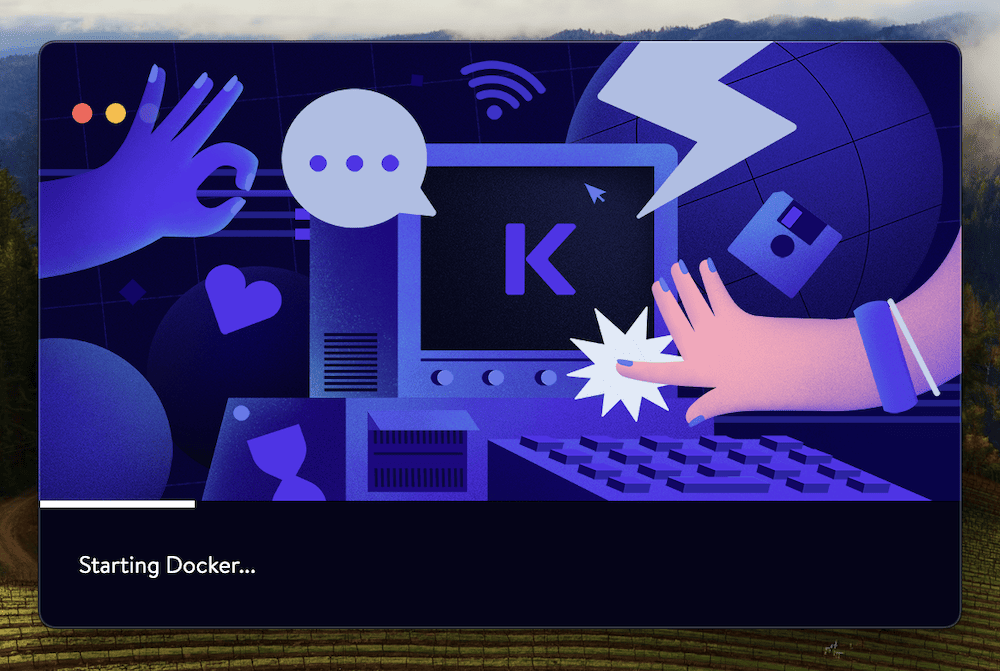 Der Startbildschirm der DevKinsta-Anwendung mit einem großen "K"-Logo, stilisierten Handgesten und Chat-Symbolen. Der Text "Starting Docker..." weist auf die Initialisierung der lokalen Entwicklungsumgebung hin.