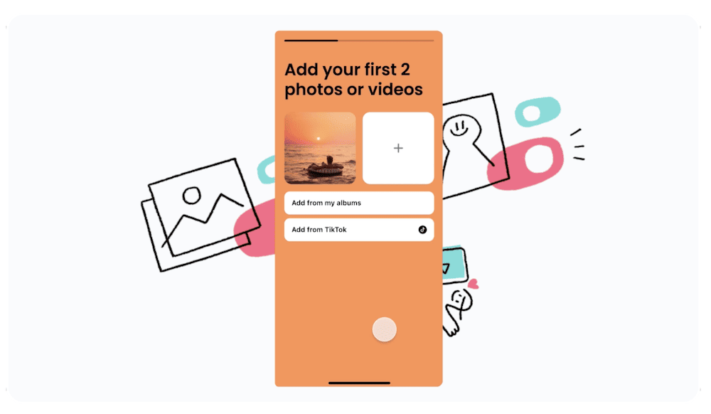 Grafische weergave van de interface van een mobiele app voor het uploaden van foto's of video's. Er zijn opties om toe te voegen vanuit media-albums of rechtstreeks vanuit TikTok, met levendige illustraties en interactieve knoppen.