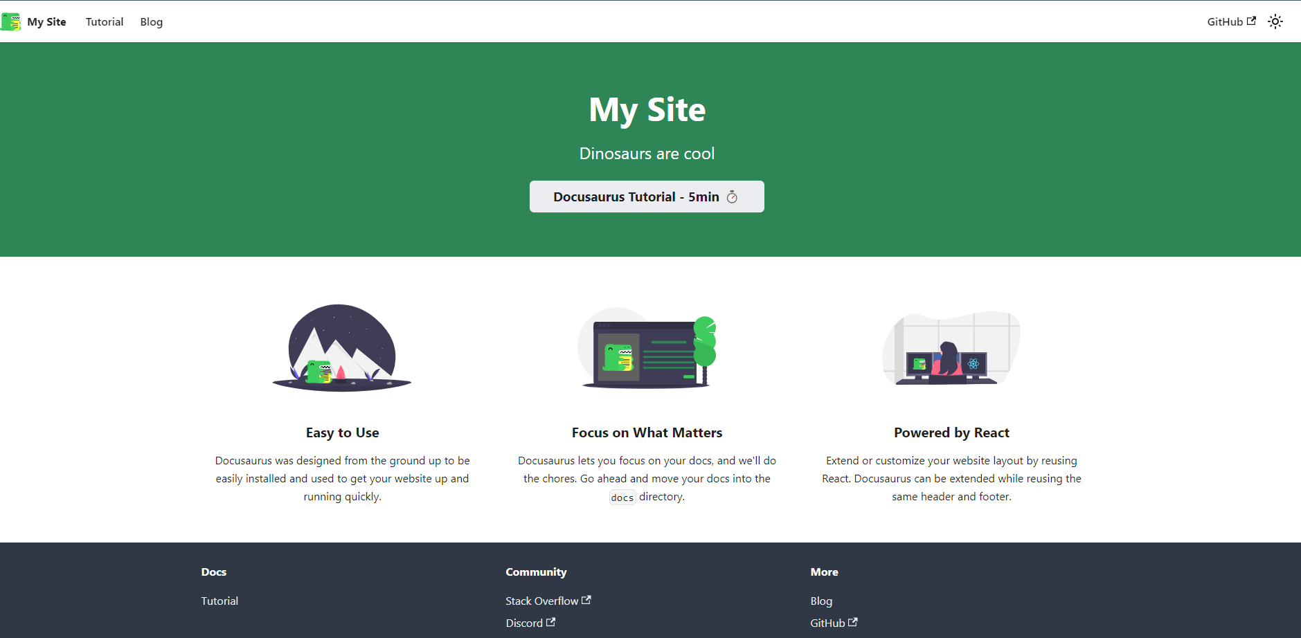 Schermafbeelding van de statische site van Docusaurus, genaamd My Site