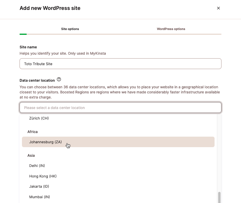 Het Johannesburg datacenter selecteren in MyKinsta.