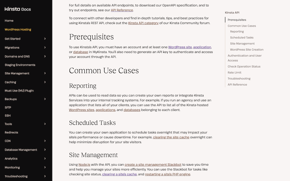 La página de documentación de Kinsta para su API, que describe los requisitos previos necesarios para utilizarla. La información incluye tener un sitio de WordPress, y detalles sobre casos de uso comunes como la elaboración de informes y la gestión del sitio.