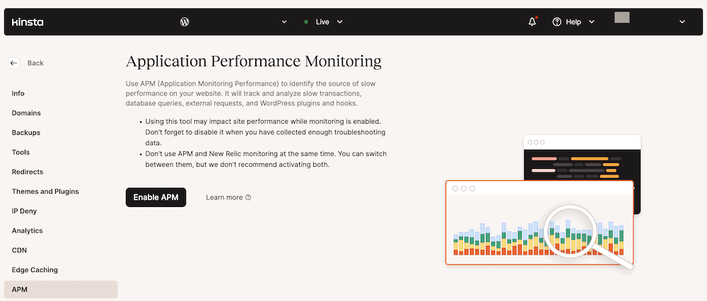 The Application Performance Monitoring (APM) section within the MyKinsta dashboard, with an option to enable APM. The page outlines the purpose of APM in identifying sources of slow performance on websites and includes a caution about its potential impact on site performance while enabled.