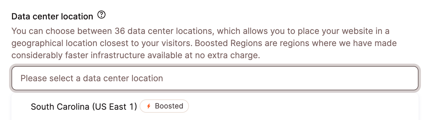 Selecting a Boosted data center location in MyKinsta. Selected: South Carolina - US-East1.