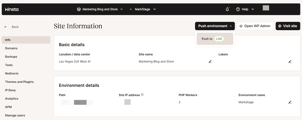The MyKinsta dashboard showing the 'Site Information' section with the 'Push to Live' button highlighted. There are also options to open the WordPress dashboard from MyKinsta or visit the front end of the site.