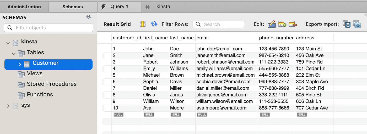 A MySQL Workbench preview of the Customer table showing the customer ID, first name, last name, and email address