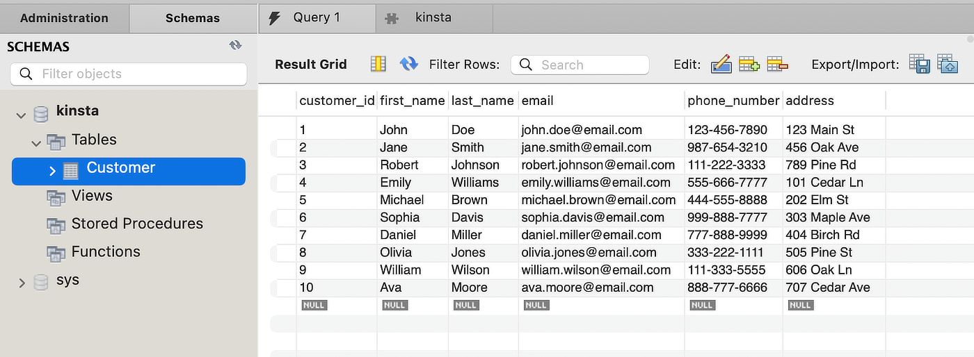 Un'anteprima di MySQL Workbench della tabella Customer che mostra l'ID del cliente, il nome, il cognome e l'indirizzo e-mail.