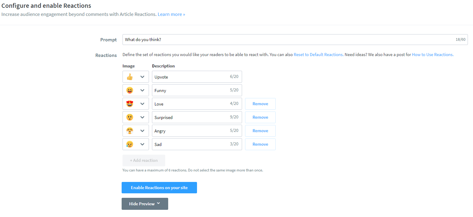 Screenshot der Seite zum Konfigurieren und Aktivieren von Reaktionen auf dem Disqus-Dashboard