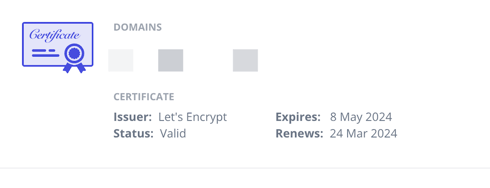 Een afbeelding van een SSL-certificaat uitgegeven door Let's Encrypt, met de huidige geldige status en vervaldatum. Er is een paarse afbeelding van een certificaat bij de informatie.