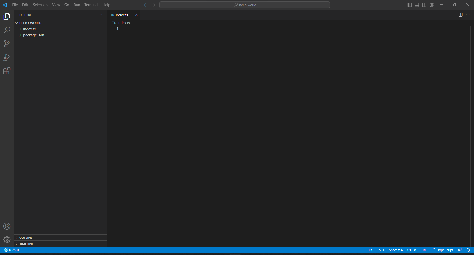 O arquivo index.ts em branco no Visual Studio Code.