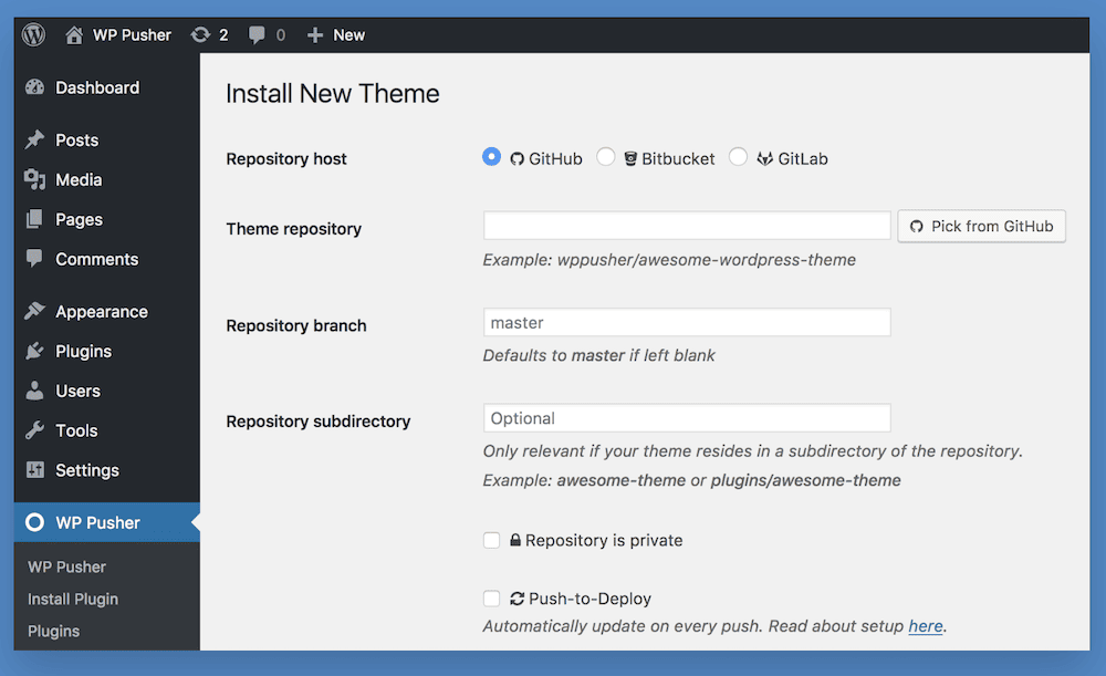 A configuration page for the WP Pusher plugin within a WordPress dashboard. It shows fields to install a new theme by specifying repository host, theme repository, branch, and subdirectory.