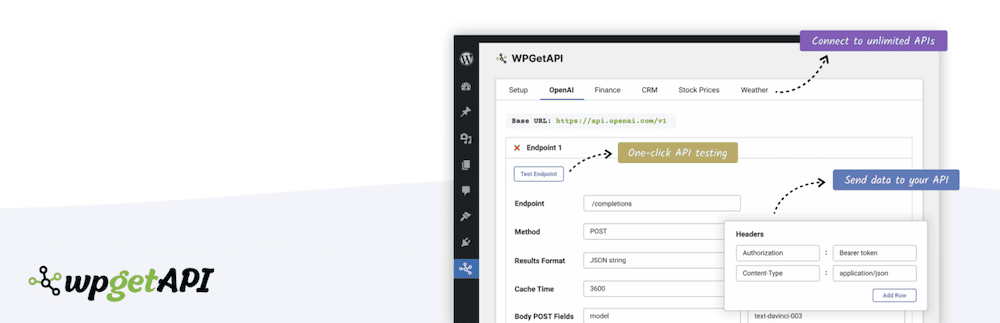 Immagine di intestazione per la pagina web del plugin WPGetAPI, che sottolinea la capacità del plugin di facilitare le connessioni a un numero illimitato di API. Il design evidenzia anche le caratteristiche di integrazione delle API del plugin.