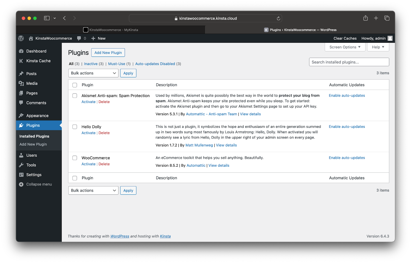 La dashboard di amministrazione di WordPress mostra i plugin opzionali disponibili, compreso il plugin WooCommerce. Ogni plugin ha un pulsante di attivazione e di eliminazione sotto l'opzione