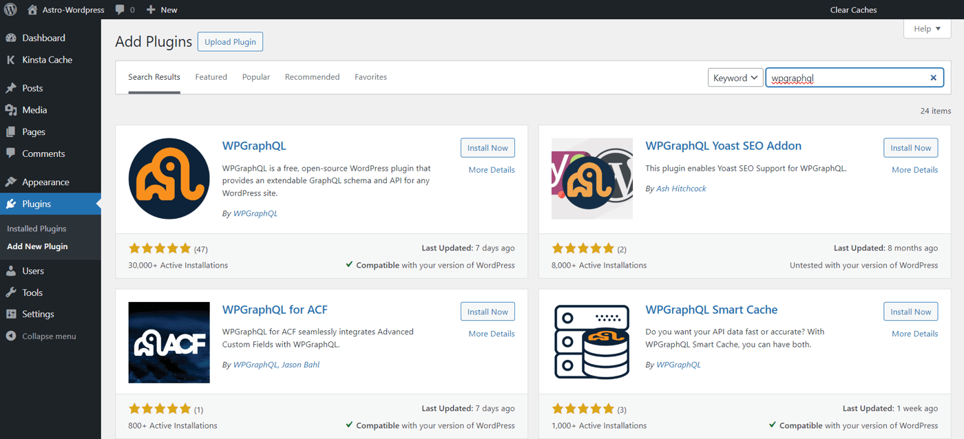 La página Añadir Plugins muestra el plugin WPGraphQL y otros con un botón Instalar Nuevo junto a ellos