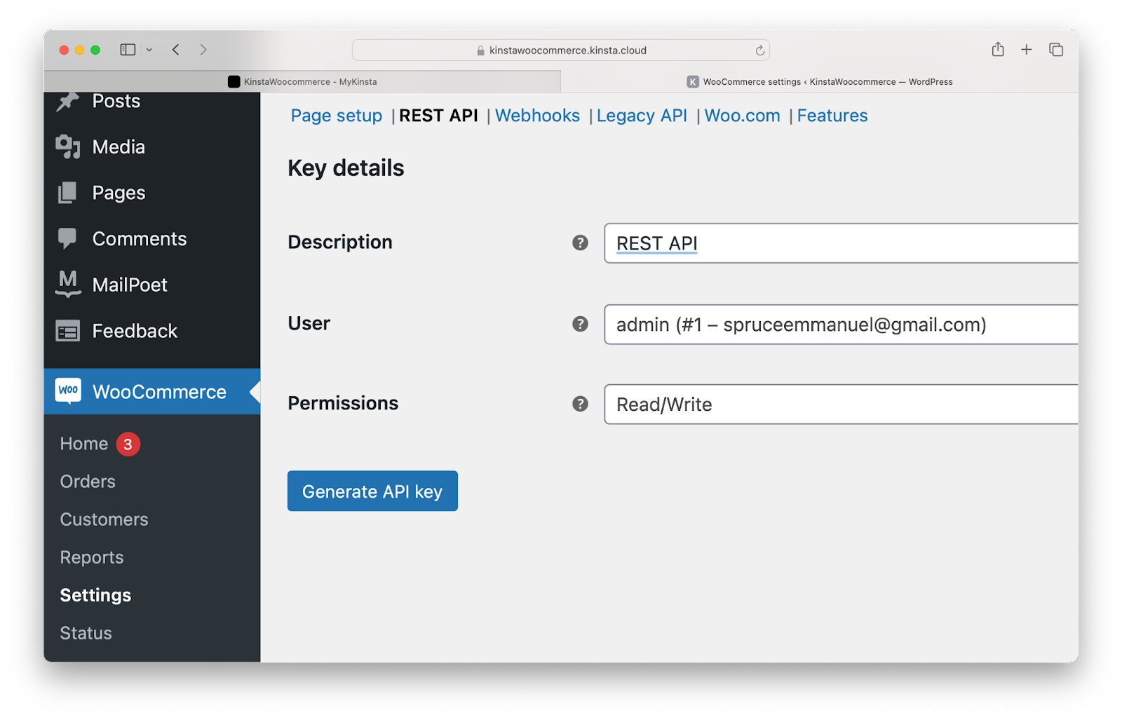 Key details page for the REST API. It has Description, User, and Permissions fields. Underneath the fields there is a Generate API key button