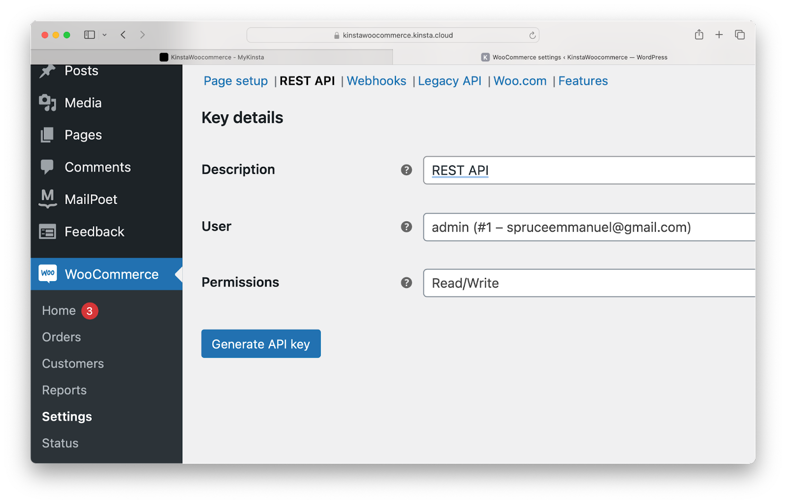 Génération de la clé API de WooCommerce.