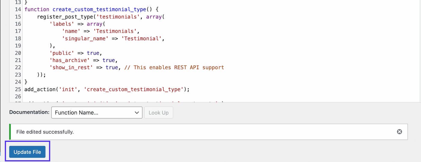 Screenshot van de code in het functions.php bestand, waarmee een aangepast 'testimonial' berichttype wordt gemaakt