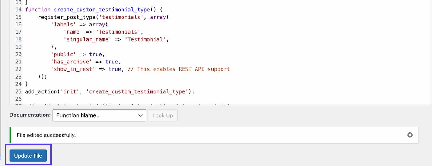 functions.phpファイルにカスタム「testimonial」投稿タイプを作成するコードのスクリーンショット