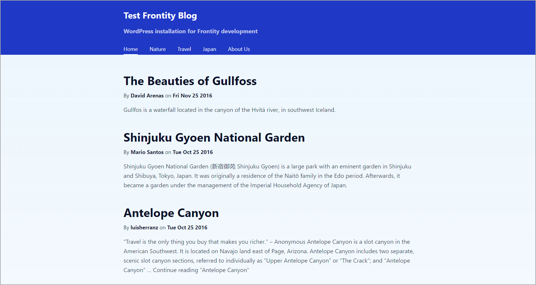 Screenshot of a webpage titled 'Test Frontity Blog' featuring content from Frontity's demo site. It has navigation links for 'Home', 'Nature', 'Travel', 'Japan', and 'About Us'. The 'Home' page is currently selected, displaying three blog posts. The header background is blue and the rest of the page has a light blue background