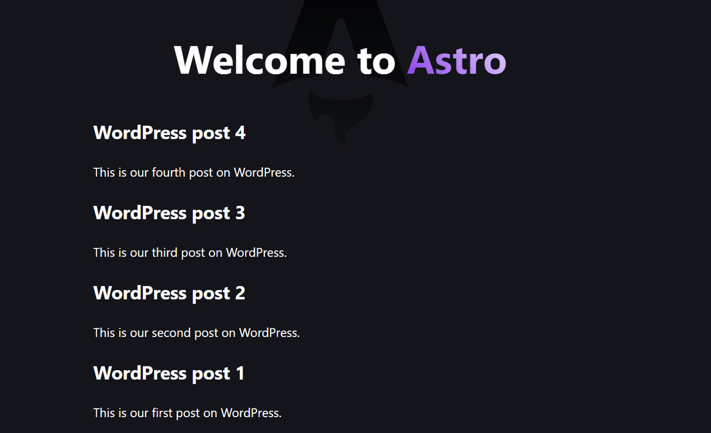 Astro project page displaying WordPress posts