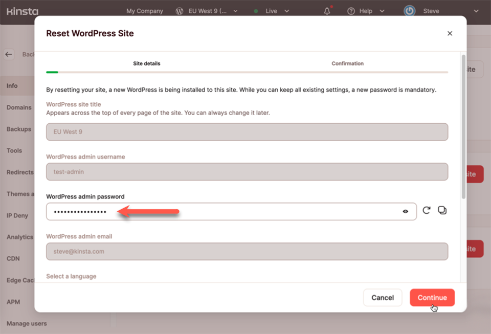 Sreenshot of the Reset site dialog and the WordPress admin password field.