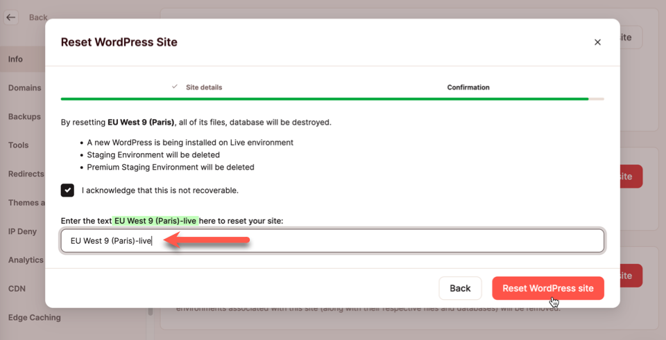 Skærmbillede, der viser bekræftelsesdialogen for en nulstilling af WordPress-websted i MyKinsta.