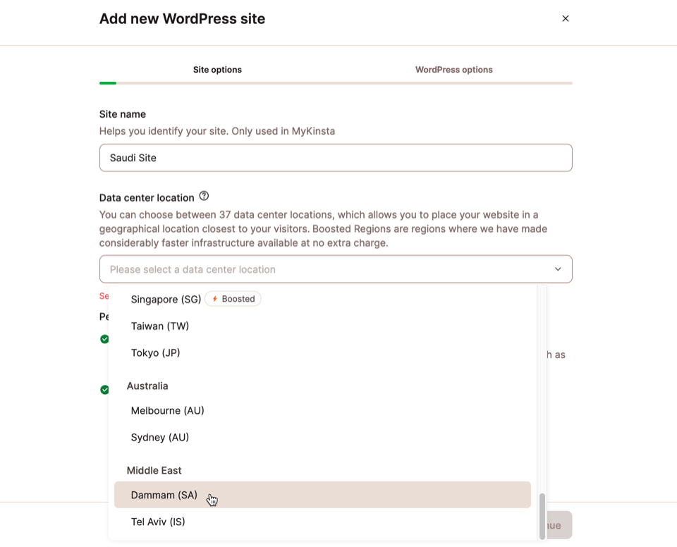 Het Dammam datacenter selecteren bij het toevoegen van een nieuwe WordPress site.