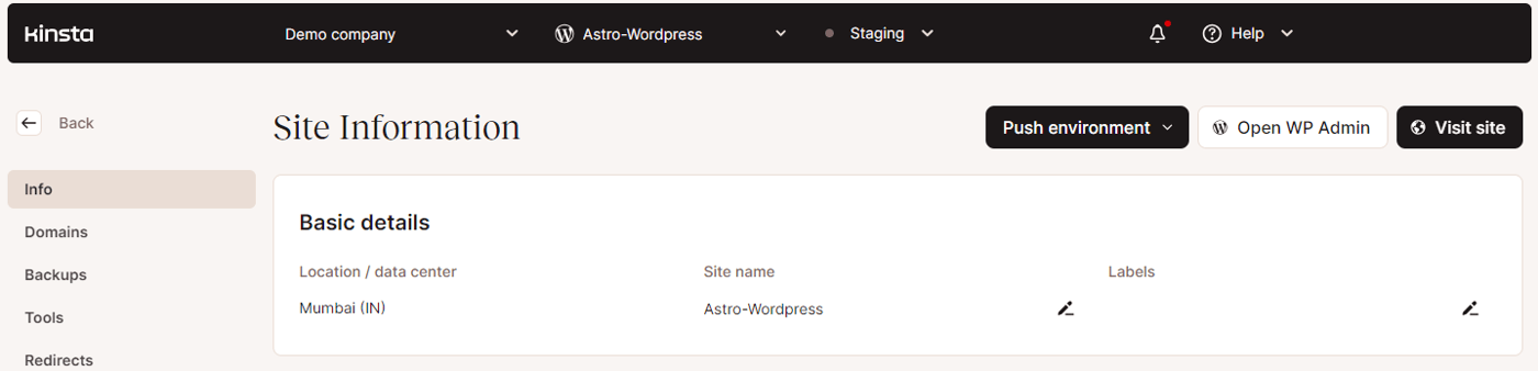 Site Information page showing the Staging menu and Push environment, Open WP Admin, and Visit site buttons