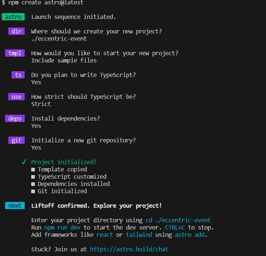 Ventana de terminal que proporciona instrucciones para configurar tu nuevo proyecto Astro. Las instrucciones son:- ¿Dónde deberíamos crear tu nuevo proyecto?- ¿Cómo te gustaría empezar tu nuevo proyecto?- ¿Piensas escribir TypeScript?- ¿Cómo de estricto debería ser TypeScript?- ¿Instalar dependencias?- ¿Inicializar un nuevo repositorio git?