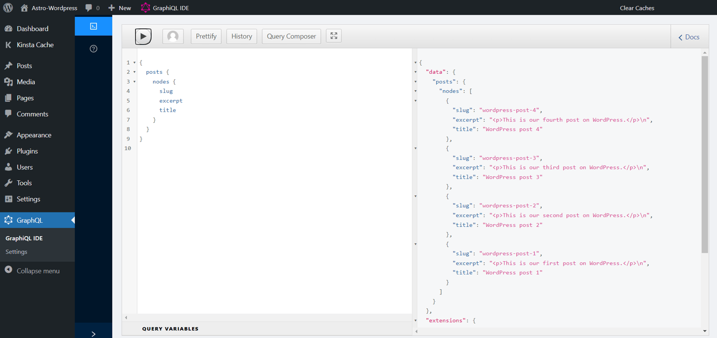 GraphQL pagina met de GraphQL query code en een run knop bovenaan