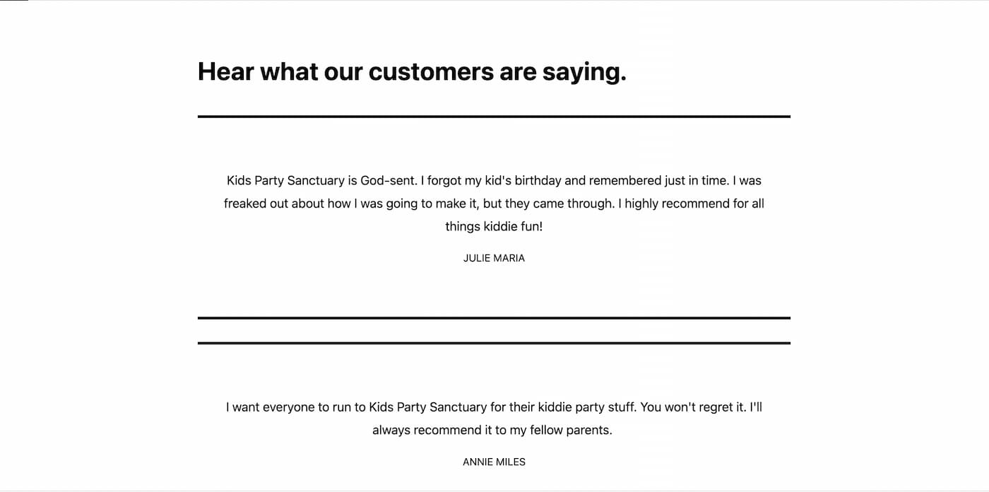 Screenshot of the two testimonials created using the pullquote block