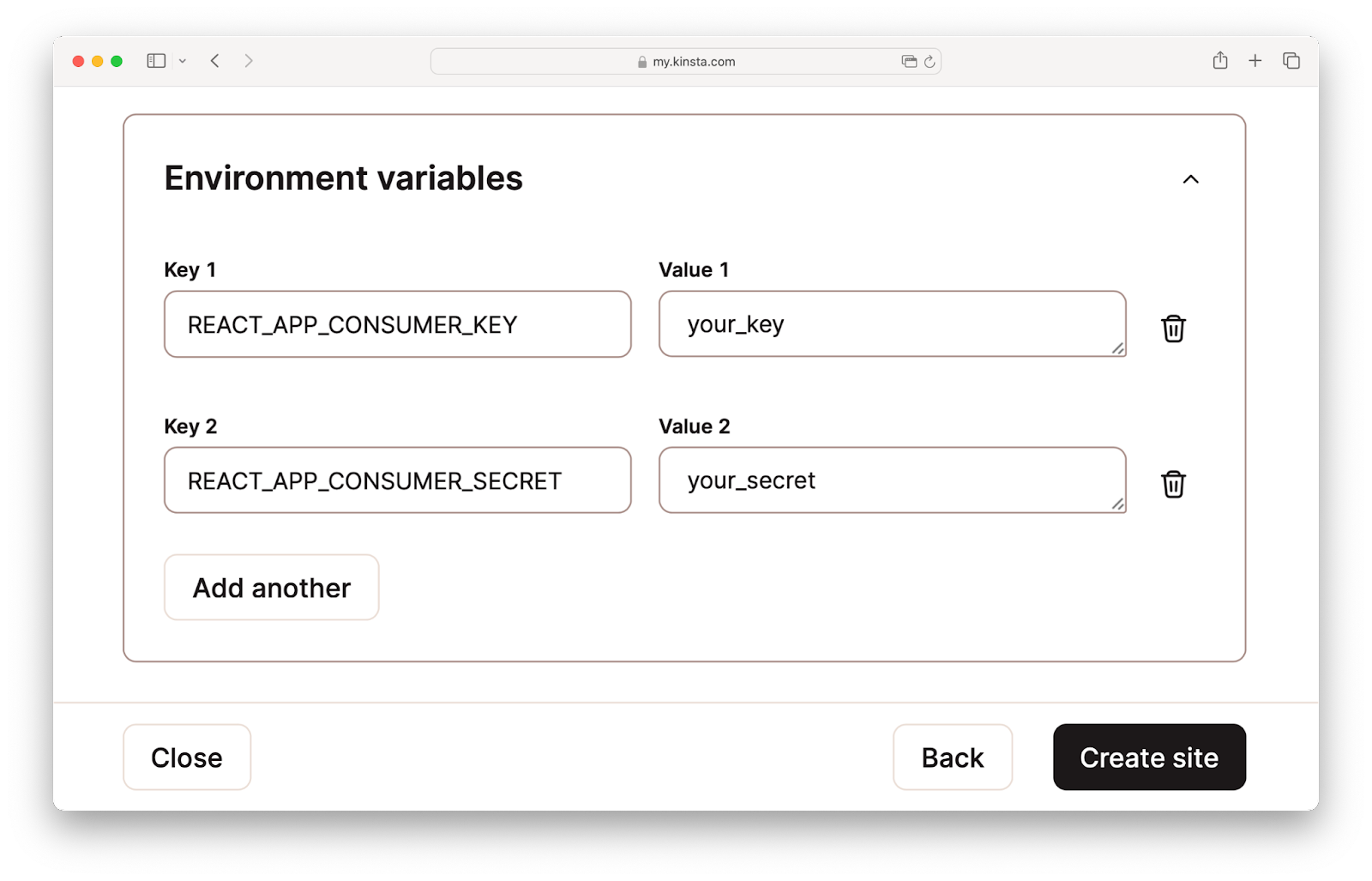 Environment variables page with fields for key and value pairs. There is a Create site button at the bottom on the right
