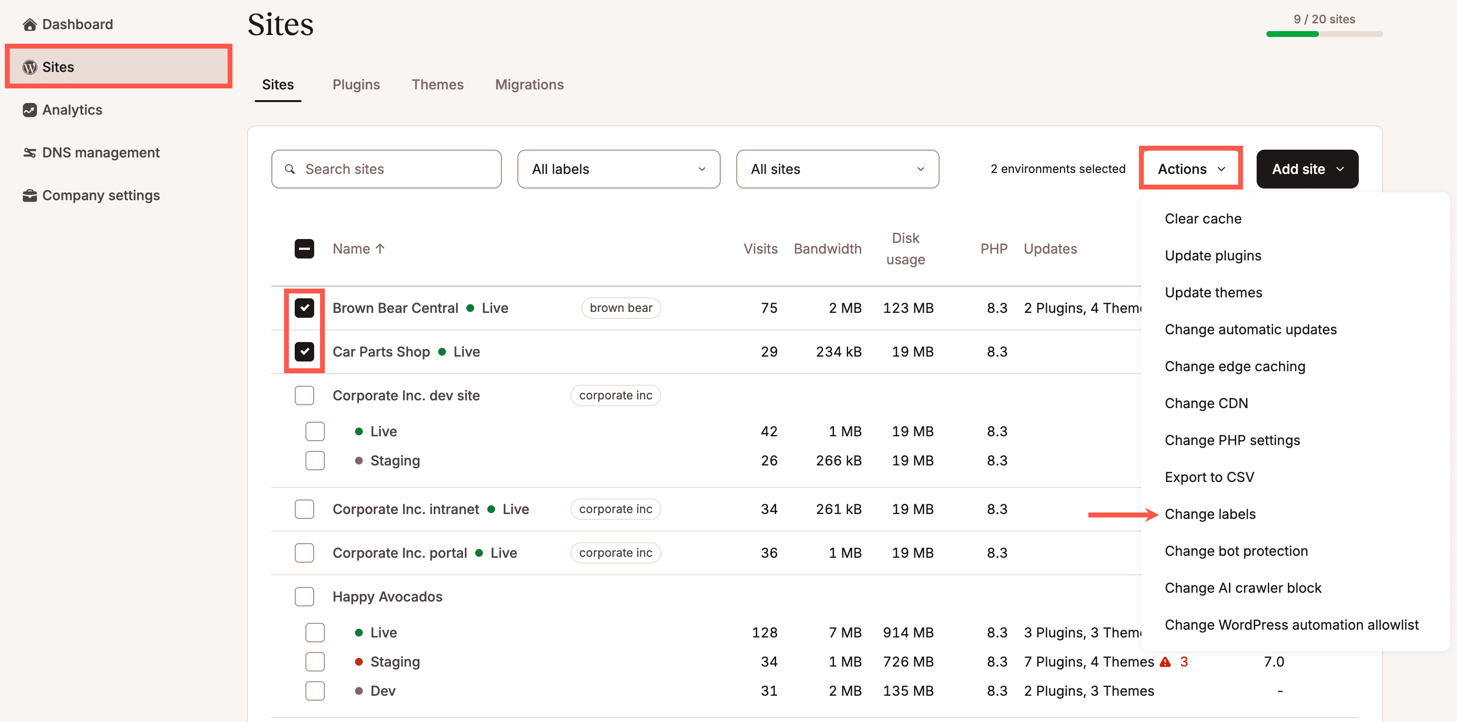 Site Management - Labels - Kinsta® Docs