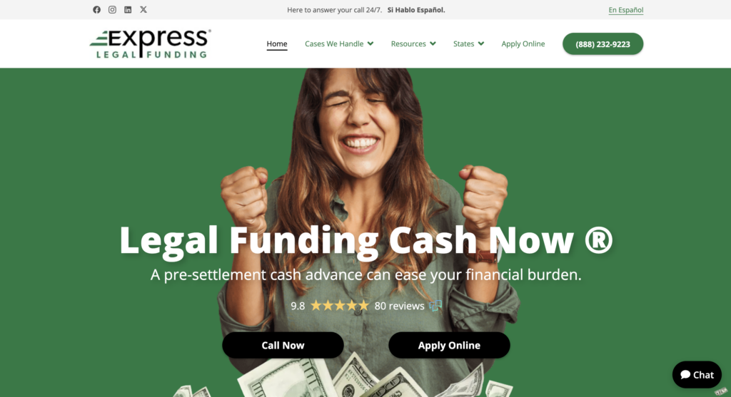 Landing page of Express Legal Funding