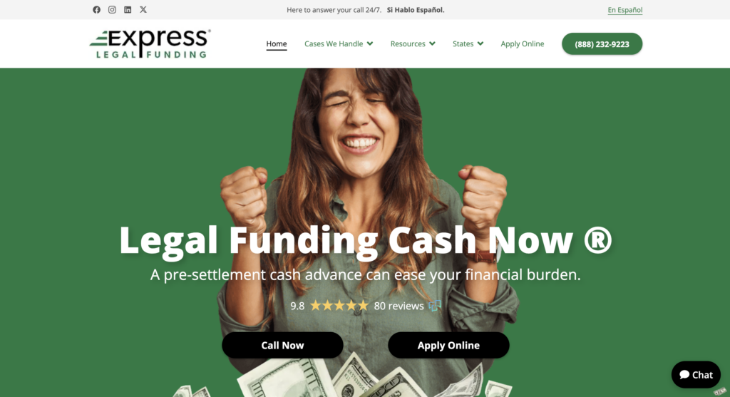 De landingspagina van Express Legal Funding