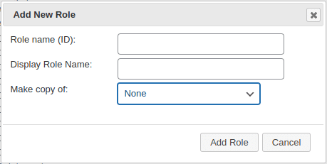 Screenshot of the Add New Role form. It contains the following fields: Role name (ID), Display Role Name, and Make copy of, which gives dropdown menu. Here, None is selected. At the bottom of the page are Add Role and Cancel buttons