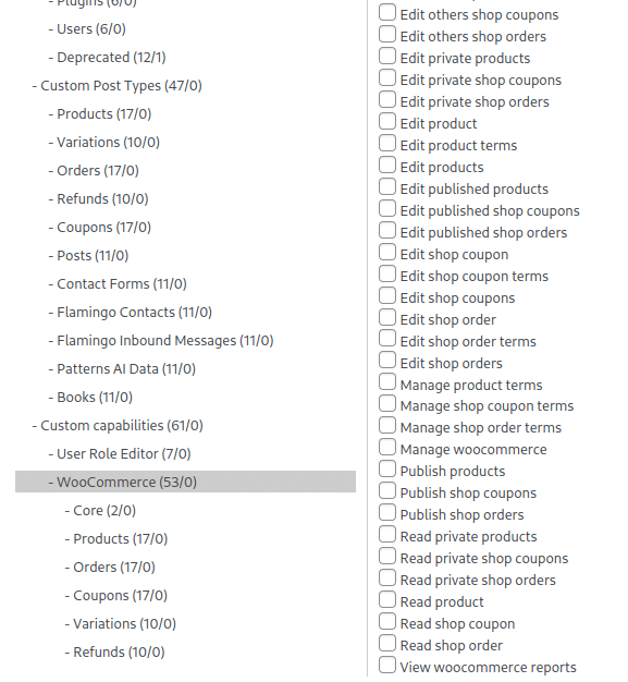 Schermata delle funzionalità del ruolo Acquirente all'ingrosso. Qui sono aperte le funzionalità personalizzate di WooCommerce. Le opzioni includono Core, Prodotti, Ordini, Coupon, Variazioni e Rimborsi.