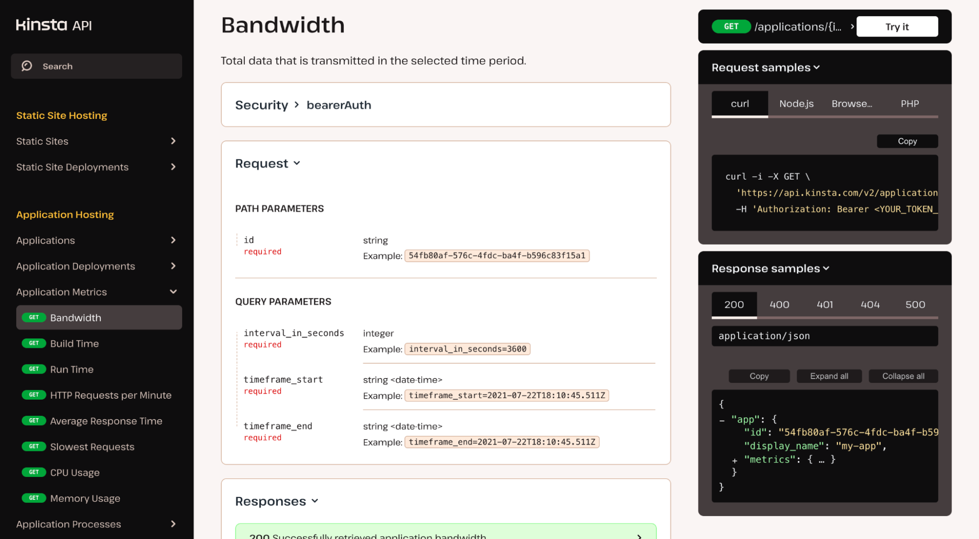 Kinsta API documentation showing various parameters to retrieve bandwidth metrics information