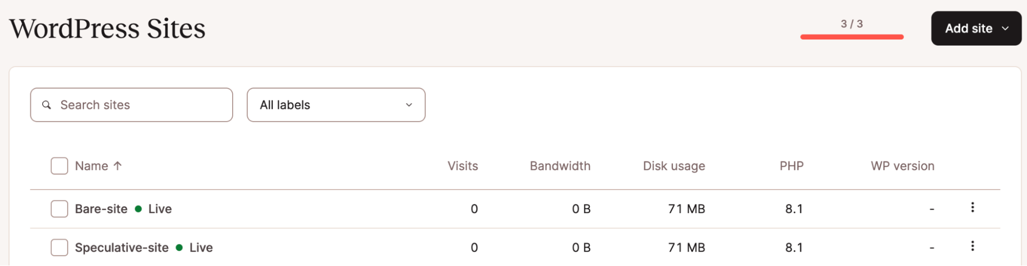 Due siti creati con MyKinsta per confrontare un sito con e senza il plugin Speculative Loading