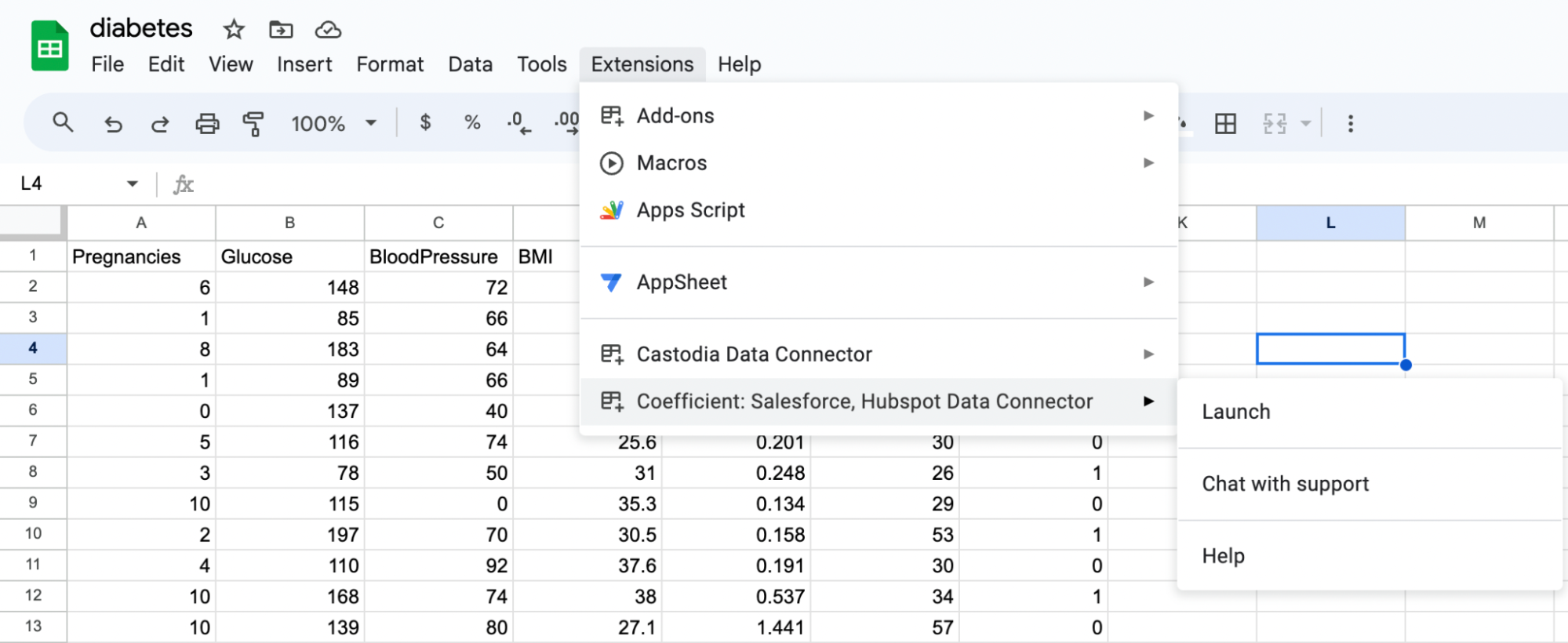 El menú Extensiones muestra el elemento Coefficient Salesforce, Hubspot Data Connector con las opciones Lanzamiento, Chat con soporte y Ayuda.