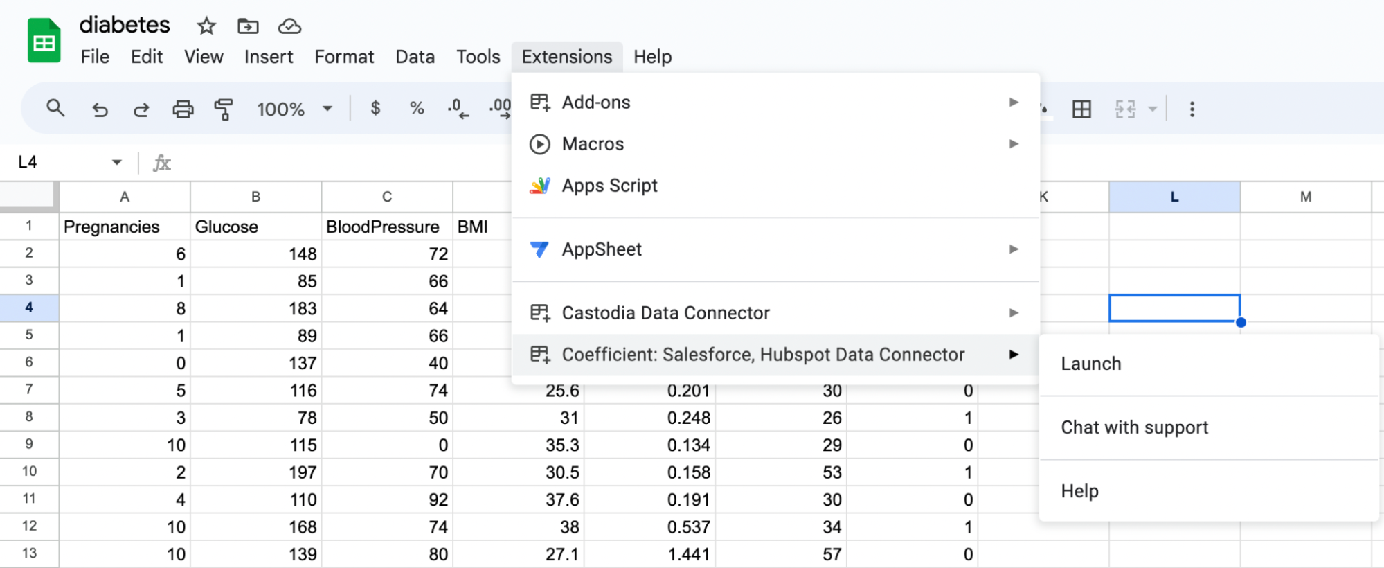 Il menu Estensioni mostra la voce Coefficient Salesforce, Hubspot Data Connector con le opzioni Launch, Chat with support e Help.