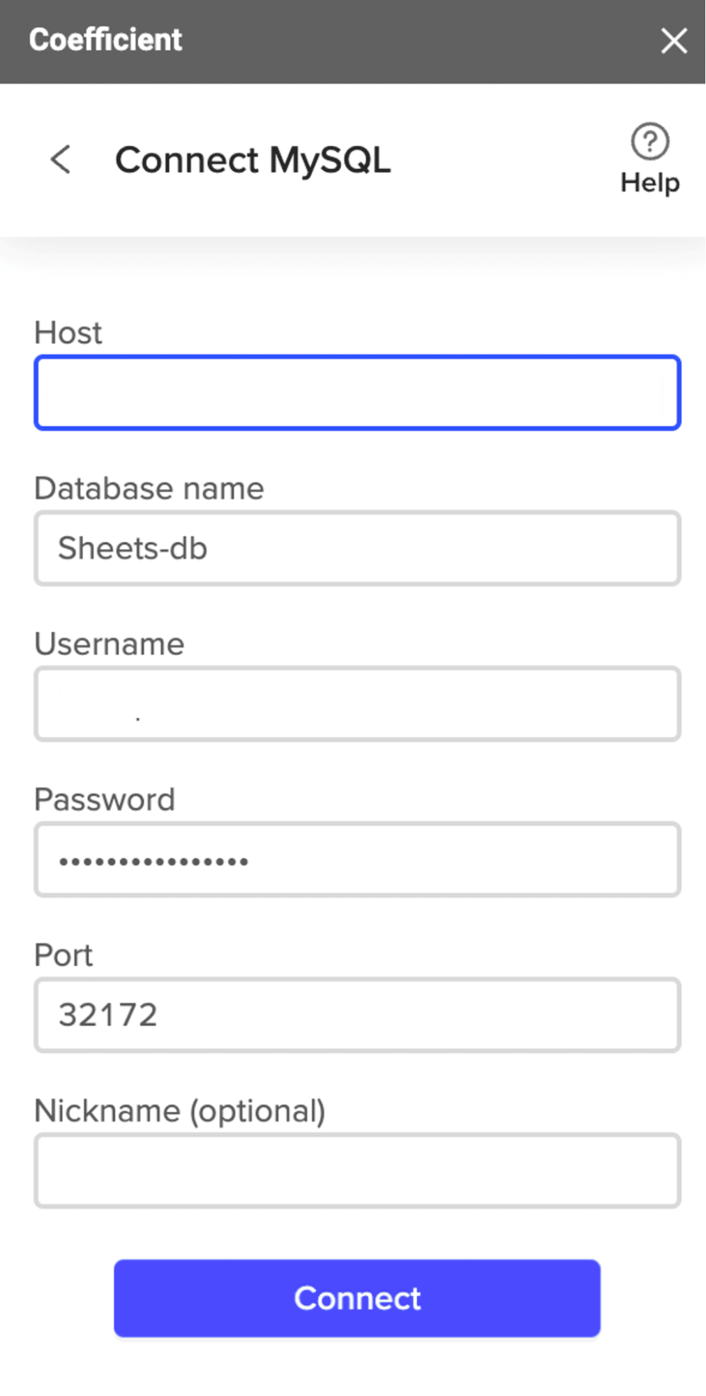 Coefficient mostra i campi Host, Nome del database, Nome utente, Password, Porta e Nickname necessari per connettersi a MariaDB..