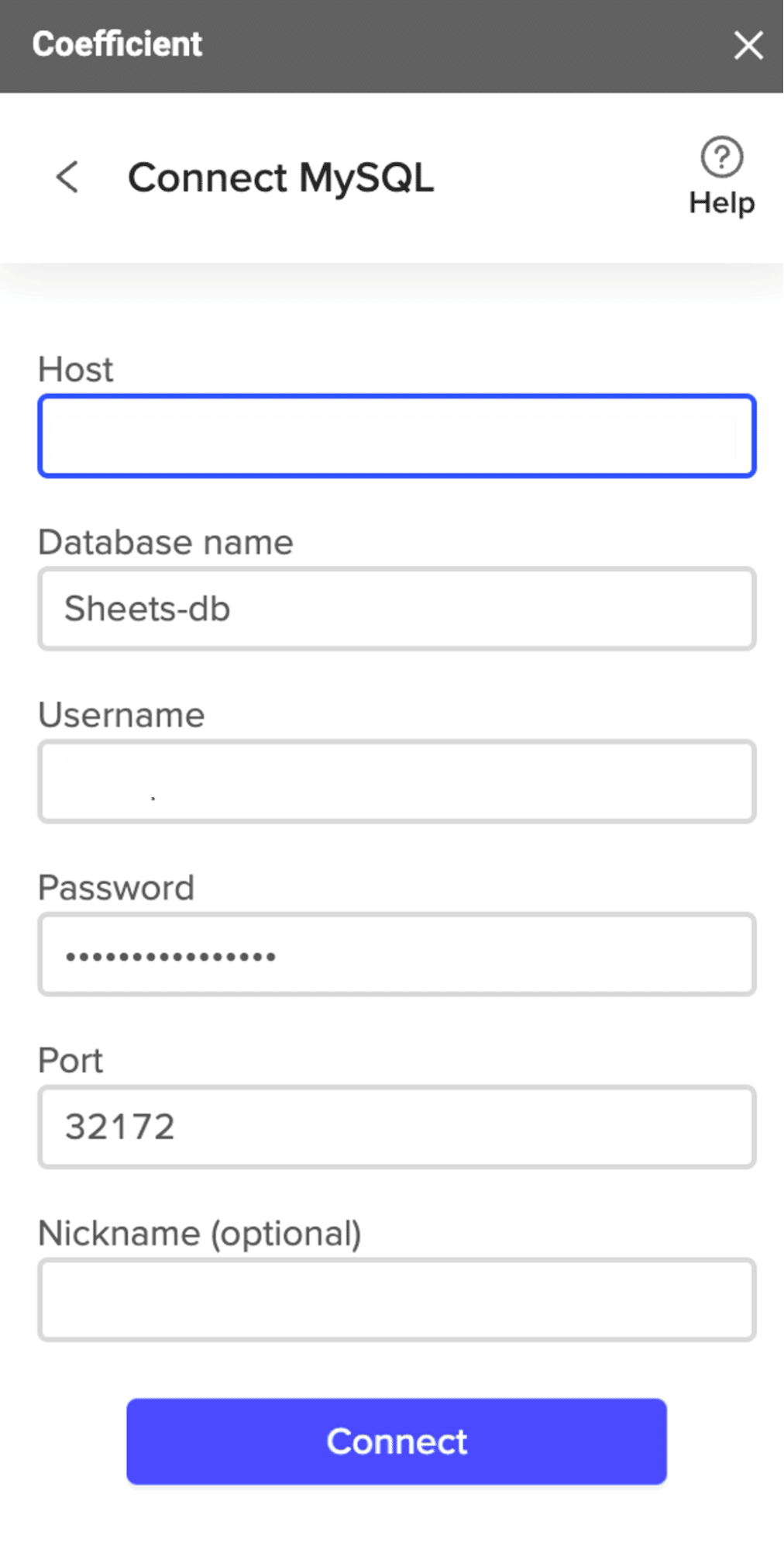 Coefficient muestra los campos Host, Nombre de la base de datos, Nombre de usuario, Contraseña, Puerto y Apodo necesarios para conectarse con MariaDB.