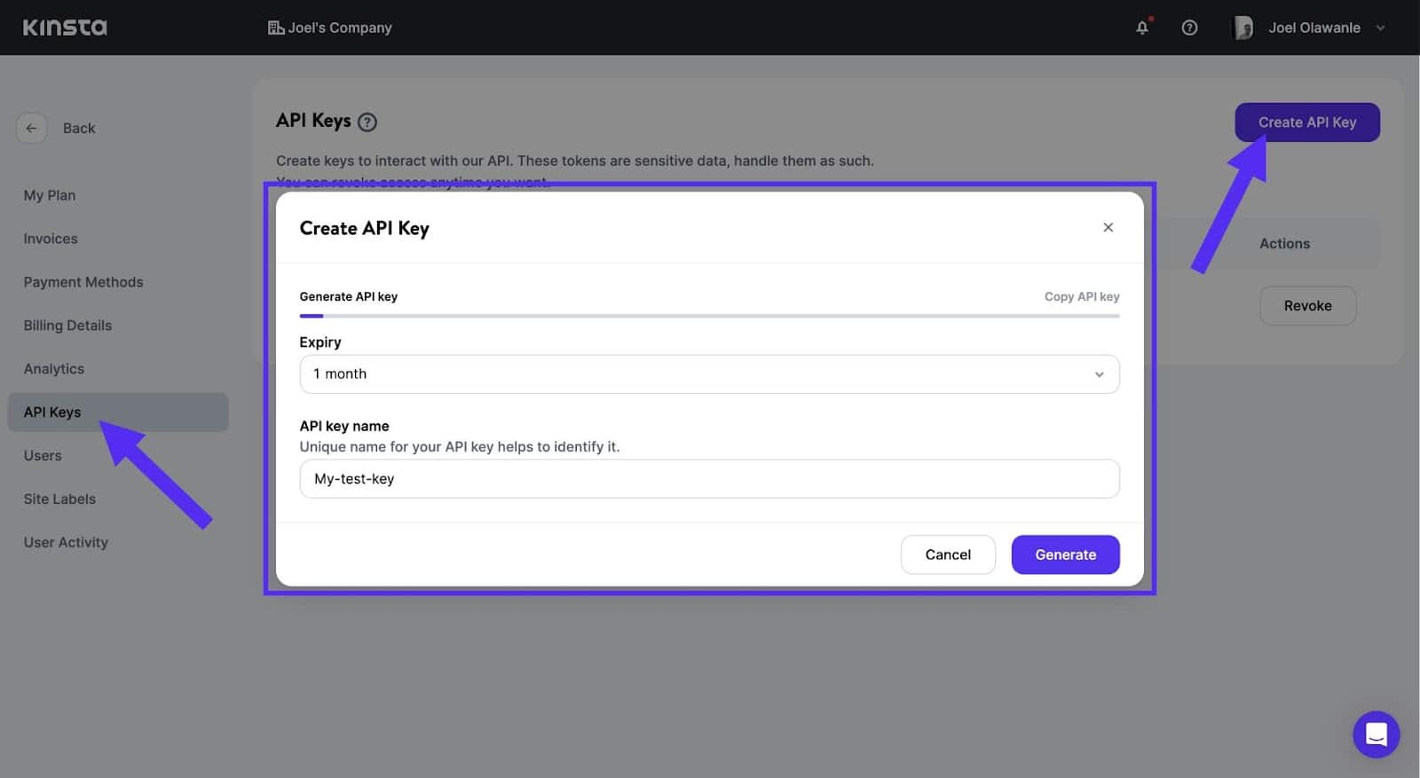 create API key in MyKinsta