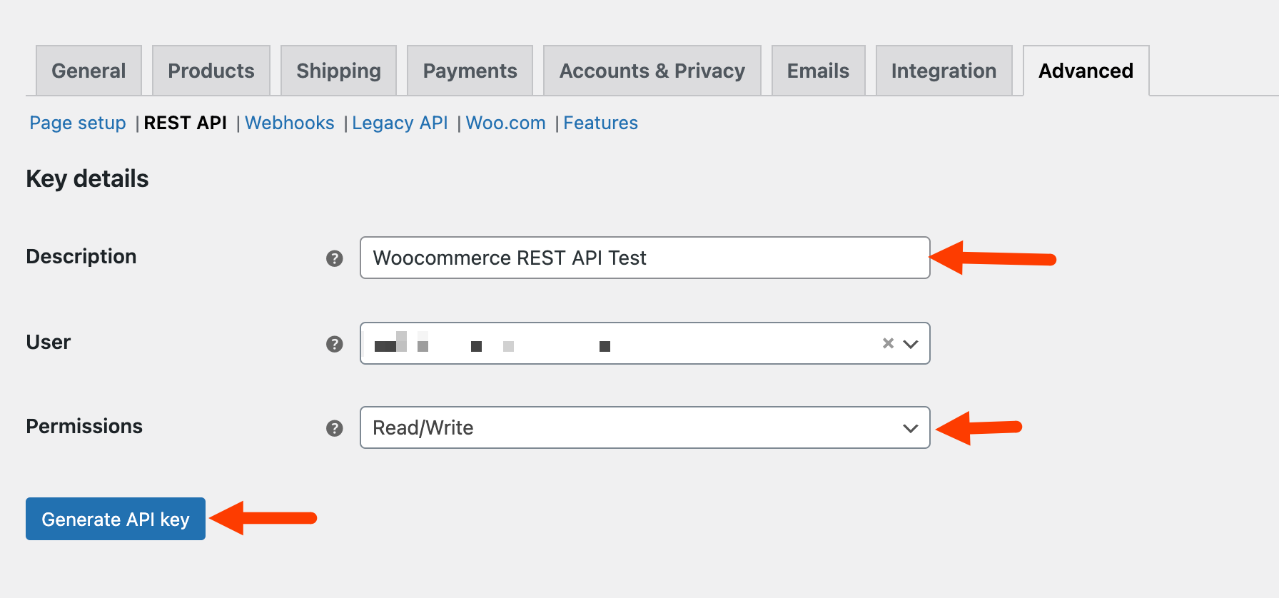 The Key details window. The Description, user and Permissions are added