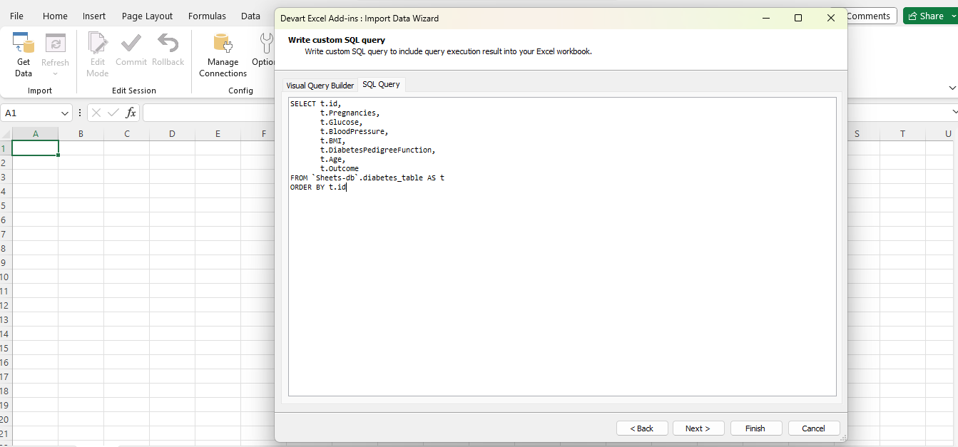 Import Data Wizard toont een aangepaste SQL query om gegevens in de Excel sheet te importeren.