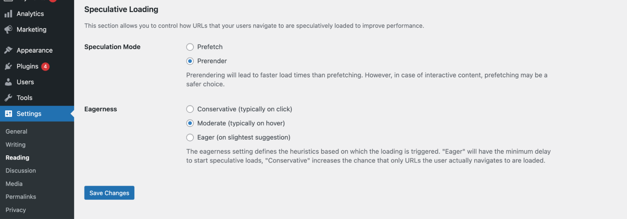 Personaliza el plugin Speculative Loading en los ajustes de administración de WordPress.