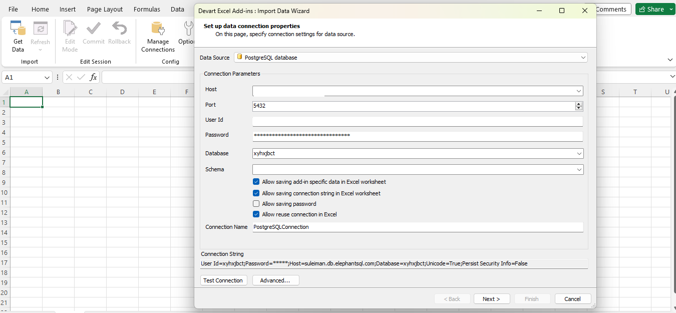 De Import Data Wizard toont de velden Host, Port, User Id, Password, Database en Schema die nodig zijn om verbinding te maken met MariaDB. De knop Verbinding testen staat onderaan