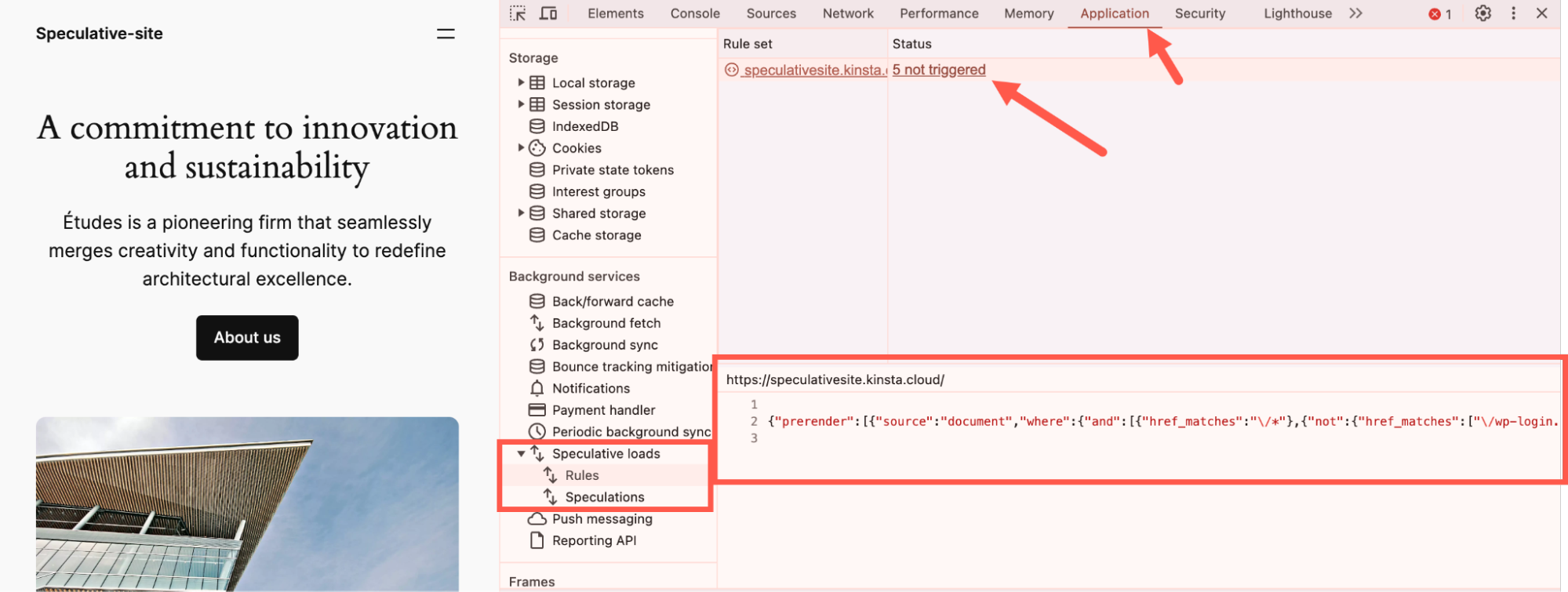 Depurando regras de especulação nas ferramentas de desenvolvimento do Chrome.